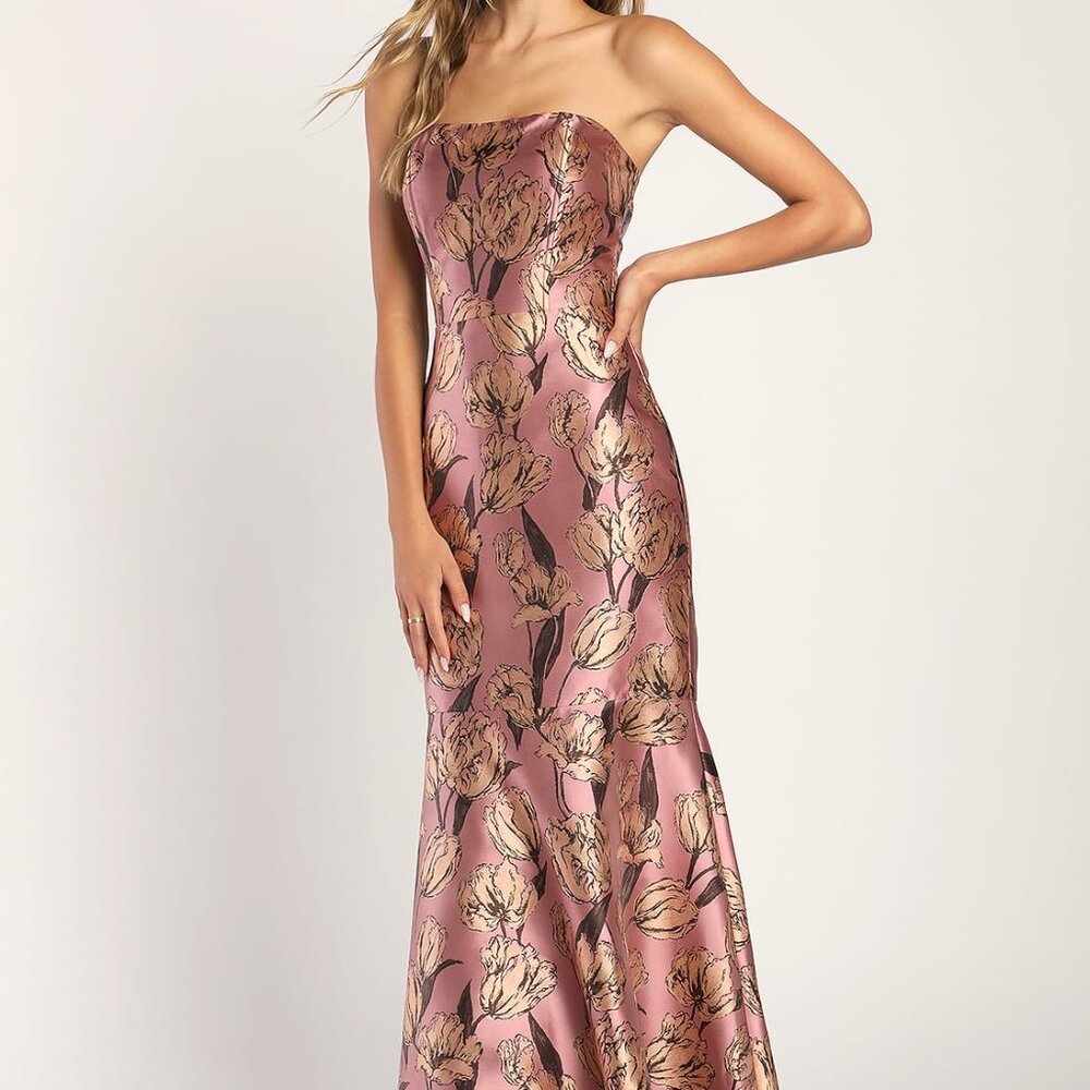 New With Tags - Mauve Floral Jacquard Strapless Maxi Dress